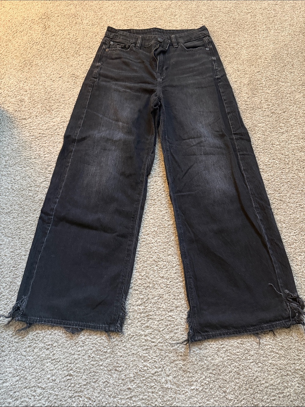 American Eagle Outfitters Black Wide-Leg Jeans with Raw Hem
